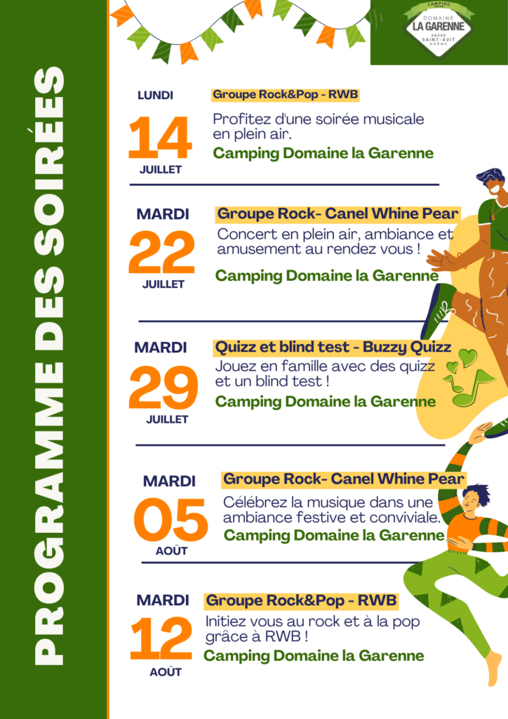 programme soirées, concerts, animations camping la garenne